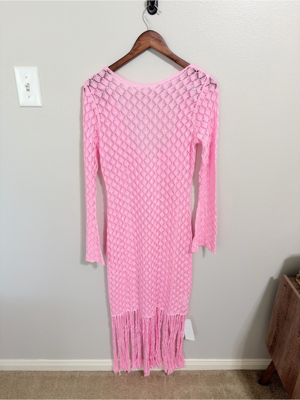 Pink Open Knit Crochet Fringe Midi Dress Swim Coverup